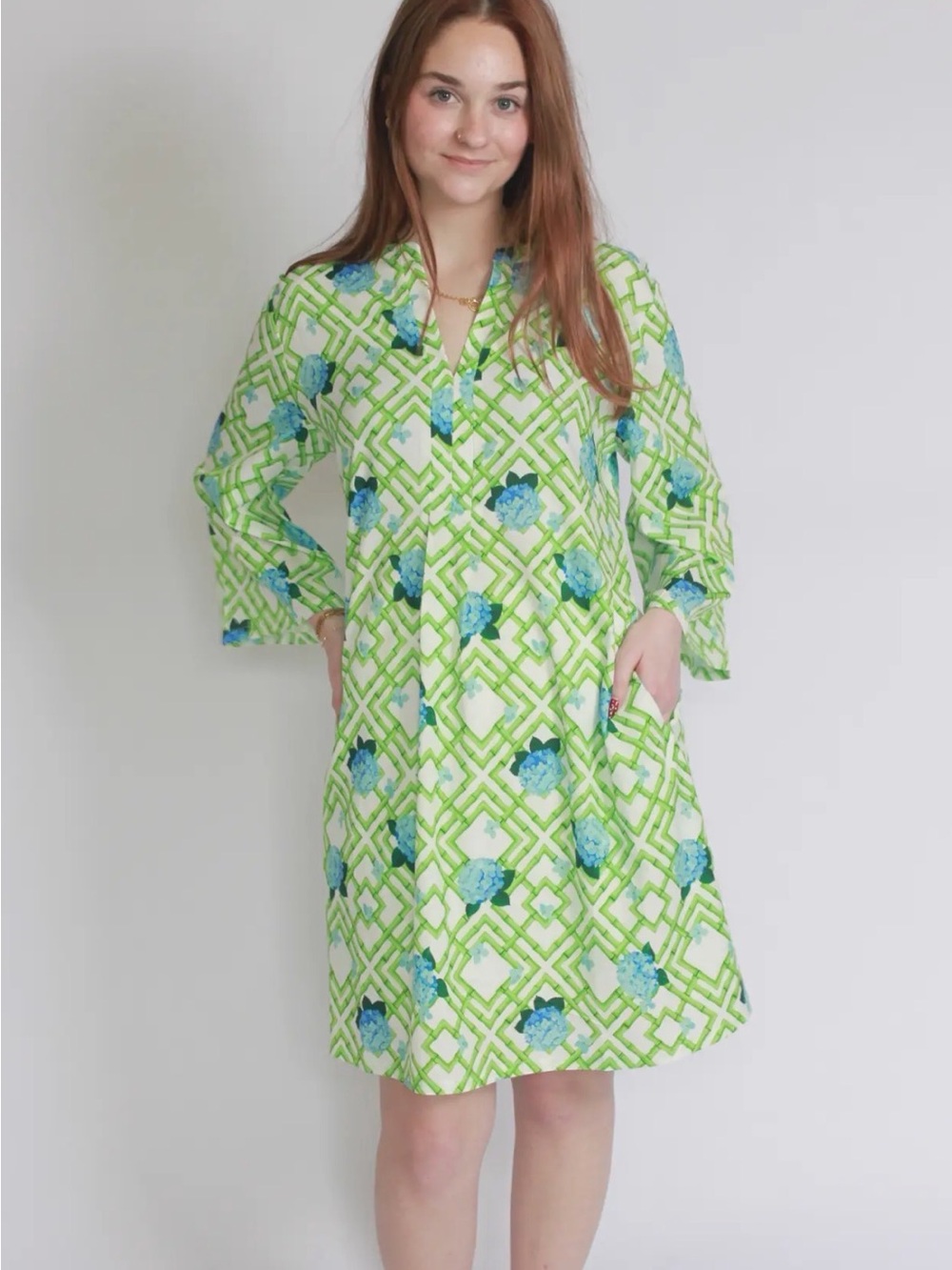 Hydrangea and Bamboo Green and Blue Floral Dress